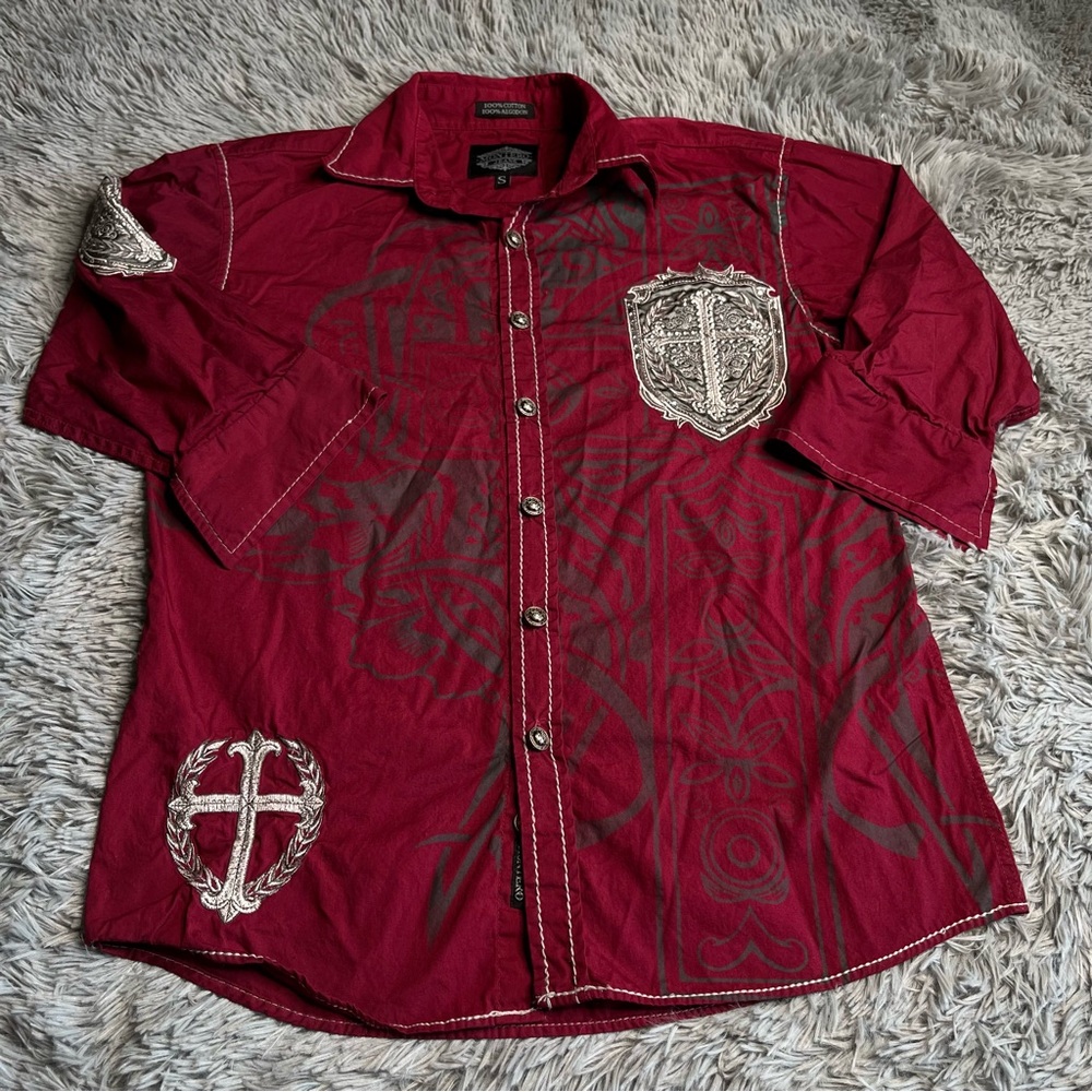 Montero Jeans Shirt Mens Small Button Down Cross Embellished Red Gray Dress